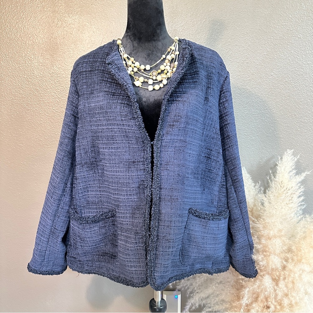 Navy Textured Open-Front Women's Jacket